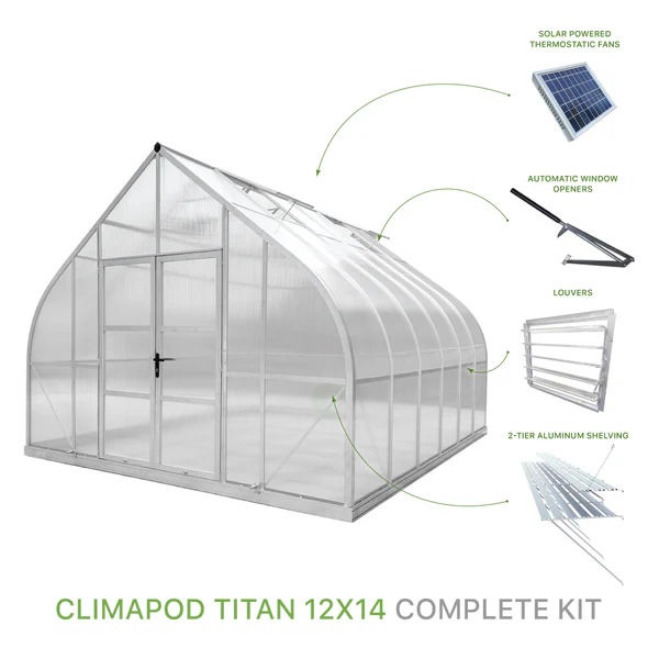 3D model of the ClimaPod Magnum 12x14 greenhouse with an accessories infographic, showcasing ventilation, shelving, and durable polycarbonate panels.