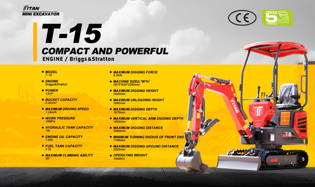 Full set of specifications on Titan T-15 Mini Excavator