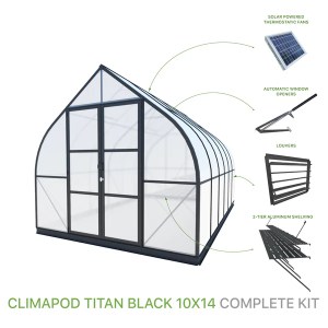 3D model of ClimaPod Titan 10x14 greenhouse with accessories infographic, highlighting key features such as ventilation, shelving, and durable polycarbonate panels.
