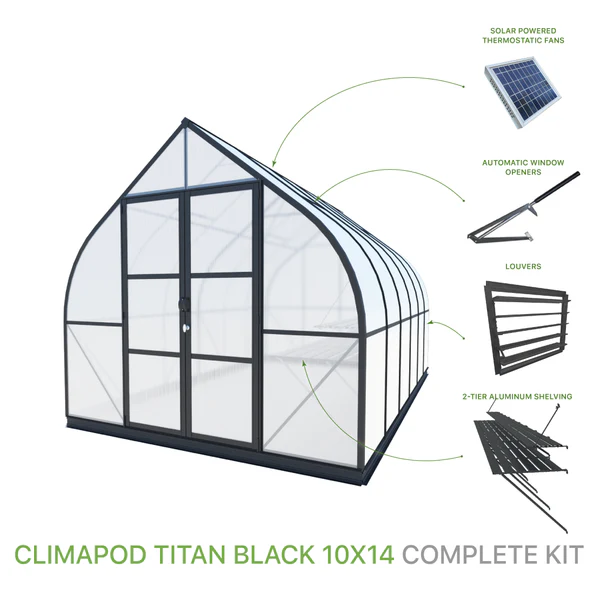 3D model of ClimaPod Titan 10x14 greenhouse with accessories infographic, highlighting key features such as ventilation, shelving, and durable polycarbonate panels.