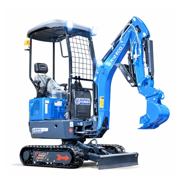 Rippa R10-6 Eco mini excavator with Kubota diesel engine, expandable tracks and hydraulic thumb on white background
