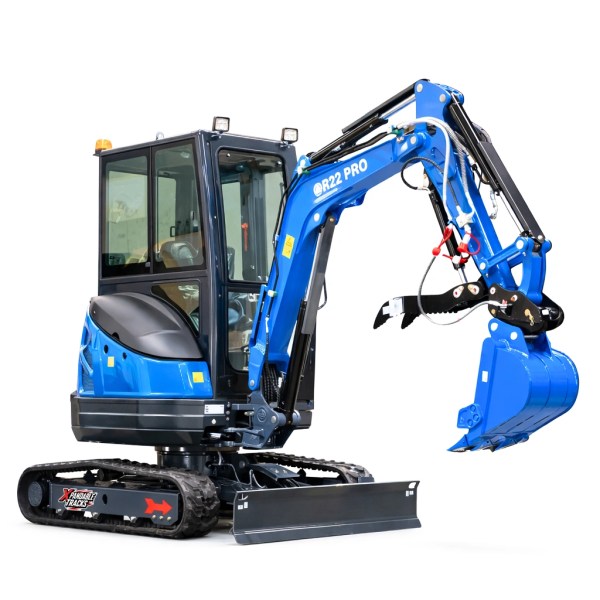 Rippa R22Pro enclosed cab mini excavator with hydraulic thumb, dozer blade, and rubber tracks isolated on white background