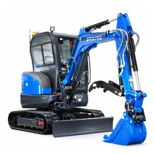 Rippa R32Pro enclosed cab mini excavator with Kubota diesel engine, hydraulic thumb, AC and heater, swing boom, auxiliary hydraulics, and high flow system on white background