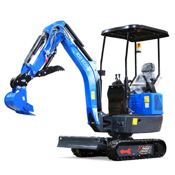 Rippa R10 Eco mini excavator with Briggs & Stratton gas engine, expandable tracks and hydraulic thumb on white background