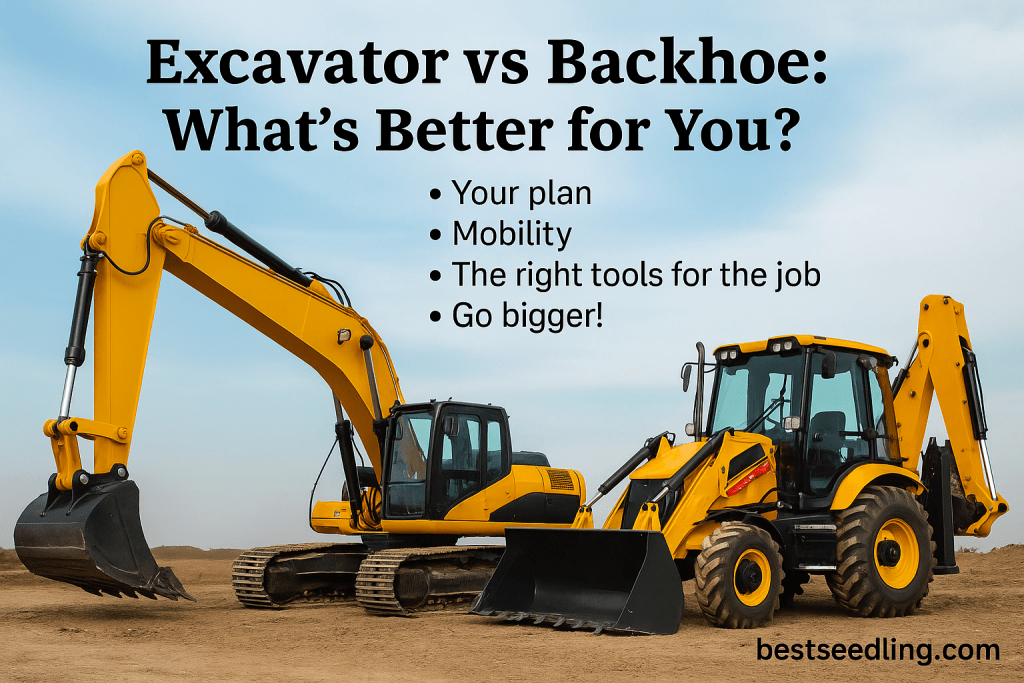 Side-by-side comparison of a Rippa excavator and a yellow backhoe loader with a list of decision factors