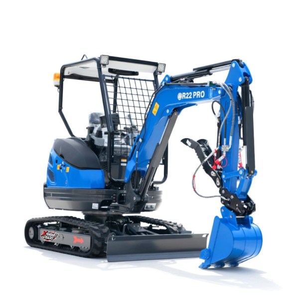 Rippa R22 Pro 2.2 ton compact blue mini excavator with zero tail swing, shown on a clean white background for catalogue