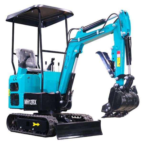 CFG AGT MH12RX mini excavator with 420cc gas engine, pilot controls, 43-inch dozer blade, and manual thumb — clean front-side view on white background.