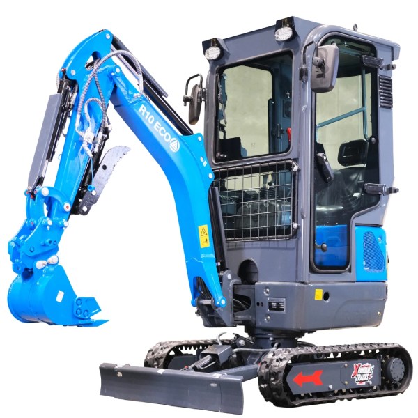 Rippa R10-ECO mini excavator with enclosed cab and Kubota diesel engine on white background
