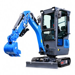 Rippa R10 enclosed cab mini excavator with Kubota diesel engine on white background, compact tracked excavator with hydraulic bucket and dozer blade