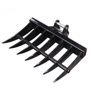 Rake attachment excavator rake – angle view, available at Best Seedling in Seattle WA