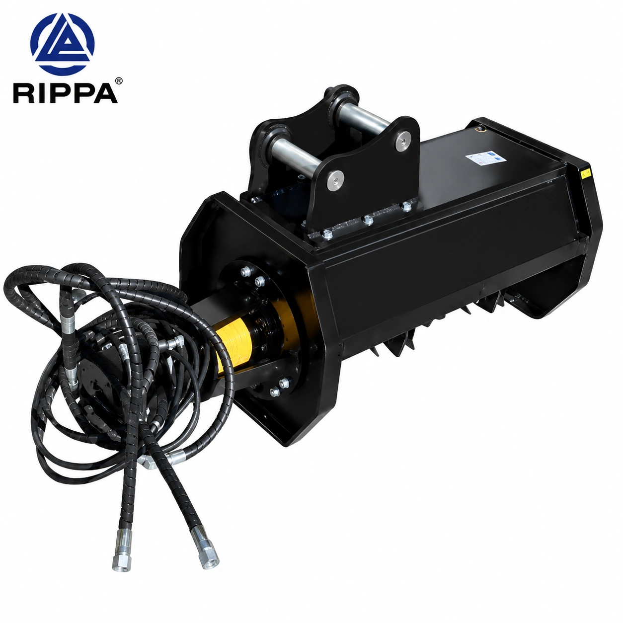 Rippa R18 hydraulic flail mower attachment with 38 cutting blades, hydraulic motor, and three-hose connection for brush, grass, and vegetation management.