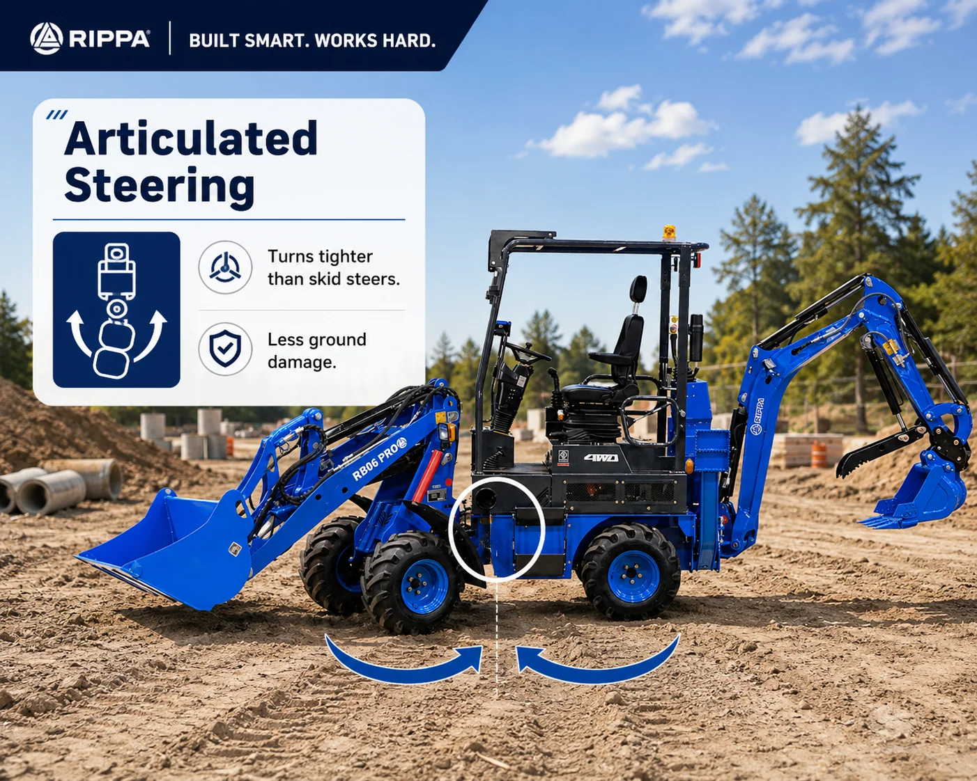 RIPPA RB06 articulated steering system for tight turns and reduced ground damage