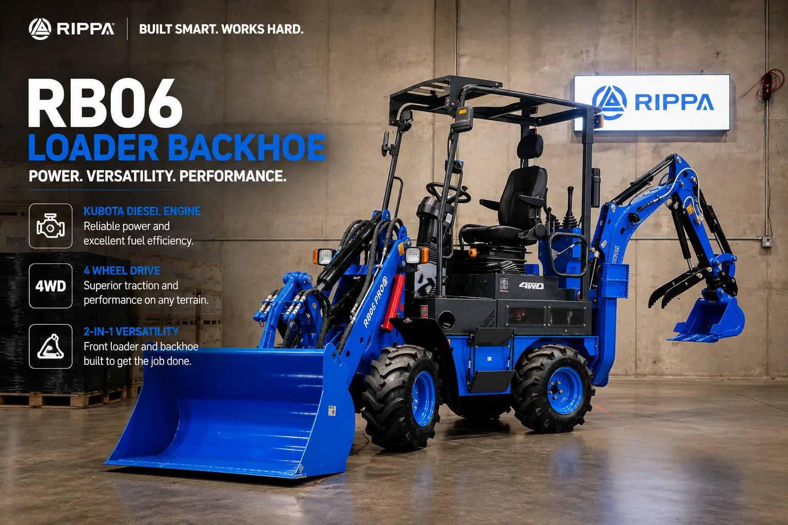 RIPPA RB06 compact loader backhoe with Kubota diesel engine, four-wheel drive, front loader, and rear backhoe