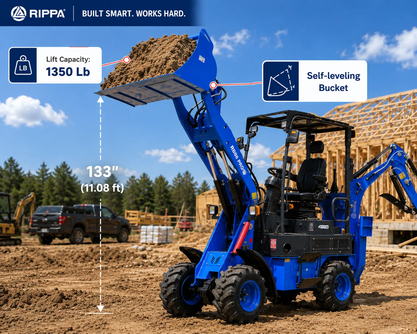 RIPPA RB06 loader backhoe lifting 1,350 lb with self-leveling bucket at 133-inch height