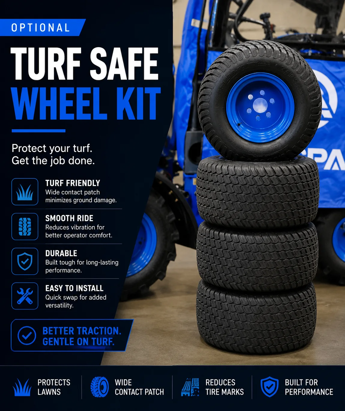 Optional turf-safe wheel kit for RIPPA RB06 loader backhoe