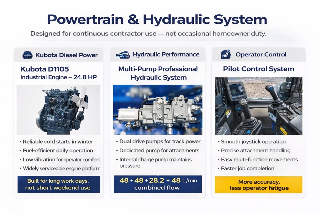 Rippa RS07 skid steer powertrain and hydraulic system infographic showing Kubota engine, multi-pump hydraulics and pilot controls