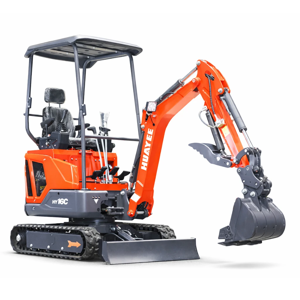 Huayee HY16C mini excavator with open canopy, hydraulic arm, and digging bucket isolated on white background