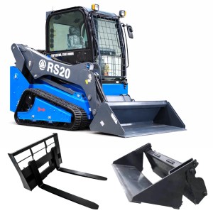 RIPPA RS20 compact track skid steer property manager bundle featuring a general-purpose bucket, pallet forks, and a 72-inch 4-in-1 bucket on a clean white background.