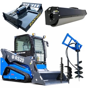 Rippa RS20 skid steer with brush cutter, vibratory roller, auger drill bits and GP bucket attachments