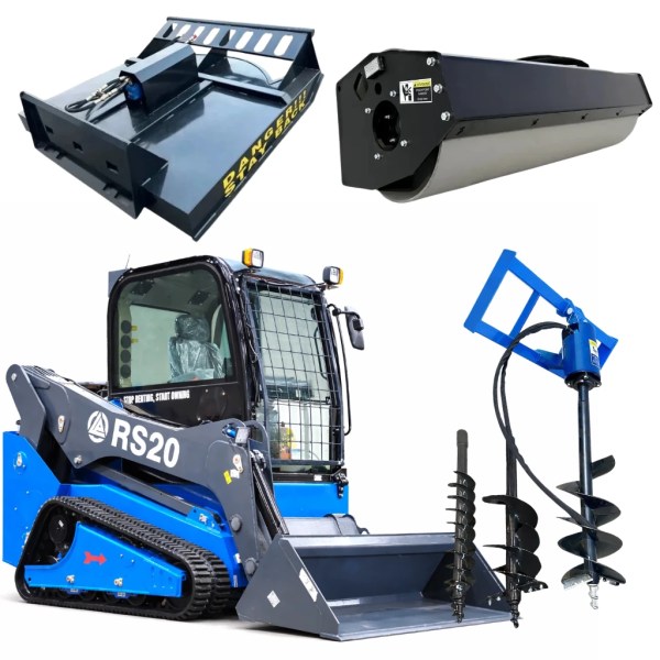 Rippa RS20 skid steer with brush cutter, vibratory roller, auger drill bits and GP bucket attachments