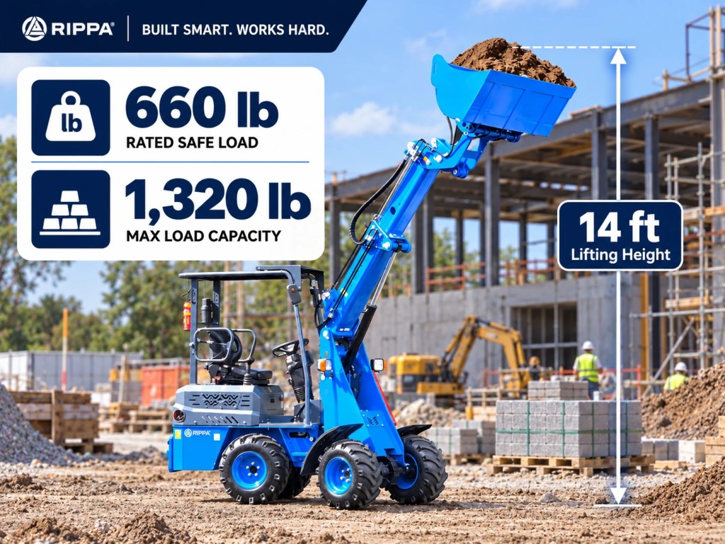 RIPPA RL06 14 ft Lift Height and Load Capacity RIPPA RL06 telescopic wheel loader with 14-foot lifting height, 660 lb rated safe load and 1,320 lb max capacity