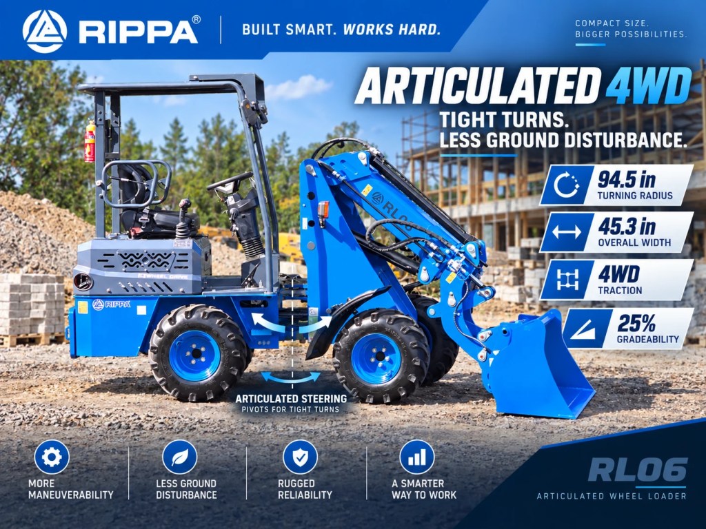 RIPPA RL06 Articulated 4WD Wheel Loader RIPPA RL06 articulated 4WD wheel loader showing 94.5-inch turning radius and compact 45.3-inch width