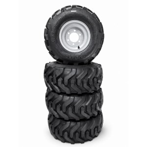 Set of four heavy-duty wheels and tires for Rippa RS04 mini skid steer, size 18x8.50-8, mounted on steel rims and ready for installation.