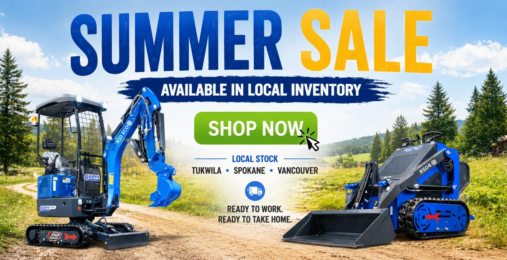Rippa R10 ECO mini excavator and RS04 mini skid steer available from local inventory during Best Seedling LLC summer sale event.