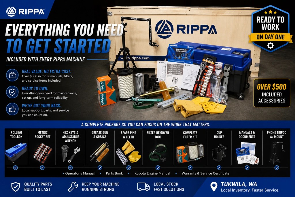 RIPPA included machine kit with toolbox, spare filters, manuals, and setup accessories