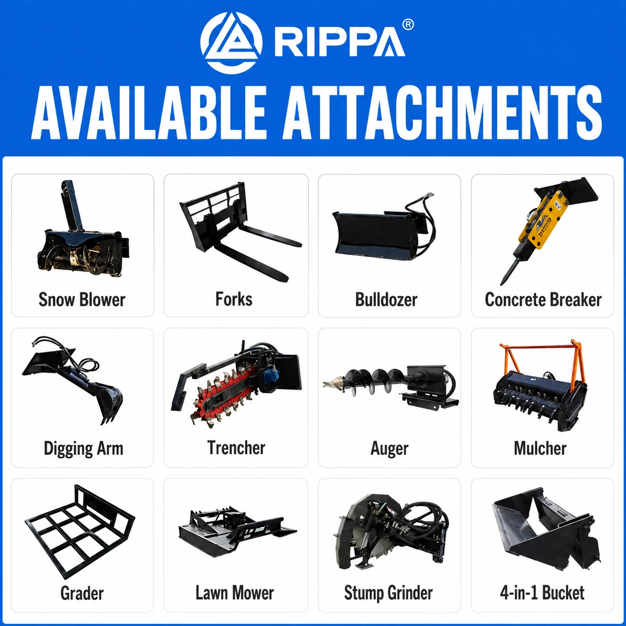Available attachments for the SDLOOL SL-V1000 mini skid steer