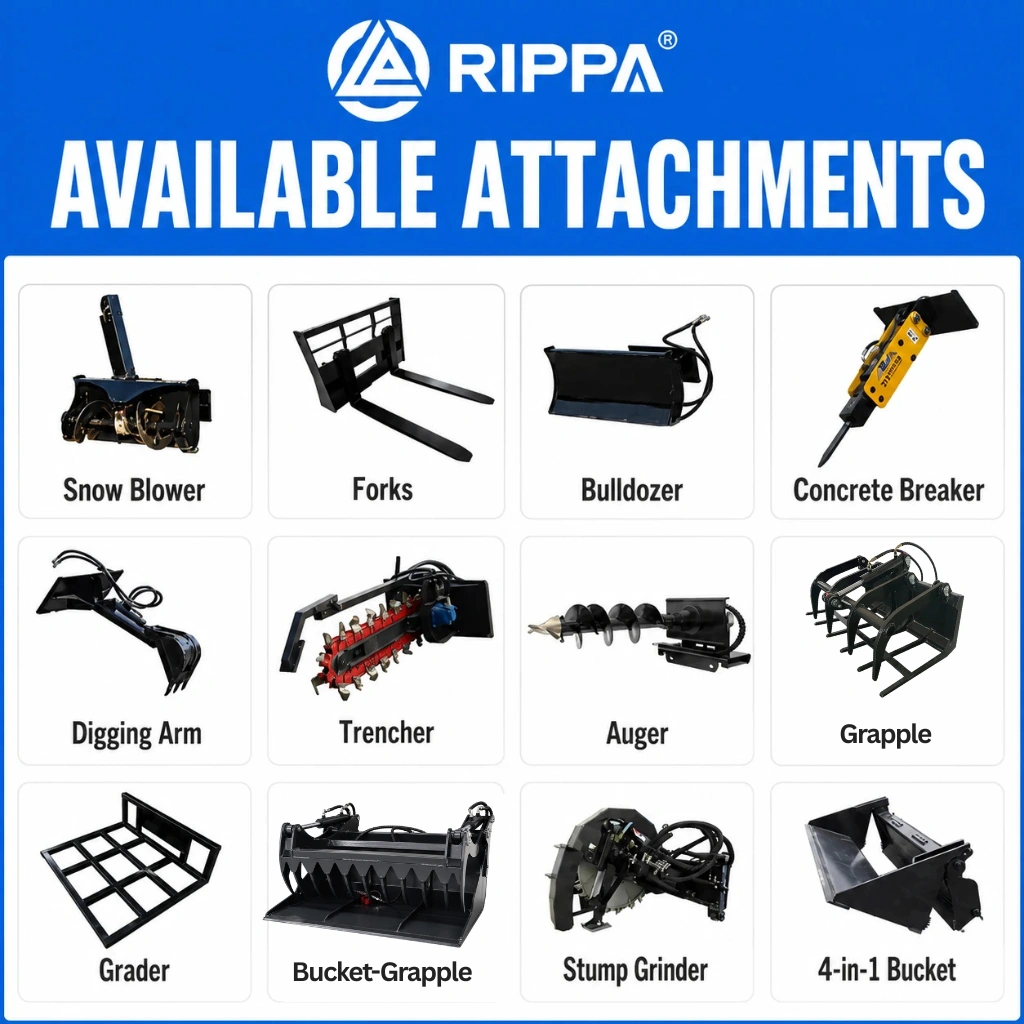 Available attachments for the RIPPA RS04 including forks, auger, trencher, grapple, stump grinder, snow blade, breaker, and 4-in-1 bucket