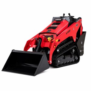 SDLOOL SL-V1000 compact tracked mini skid steer with 39-inch bucket, front three-quarter studio view on white background.