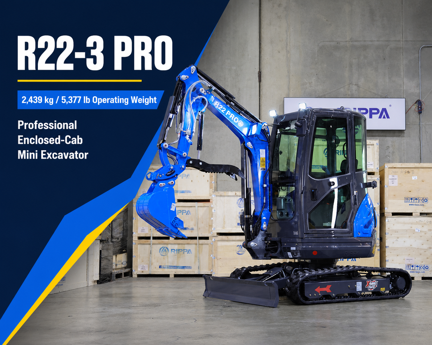 RIPPA R22-3 PRO enclosed-cab mini excavator with 2,439 kg operating weight