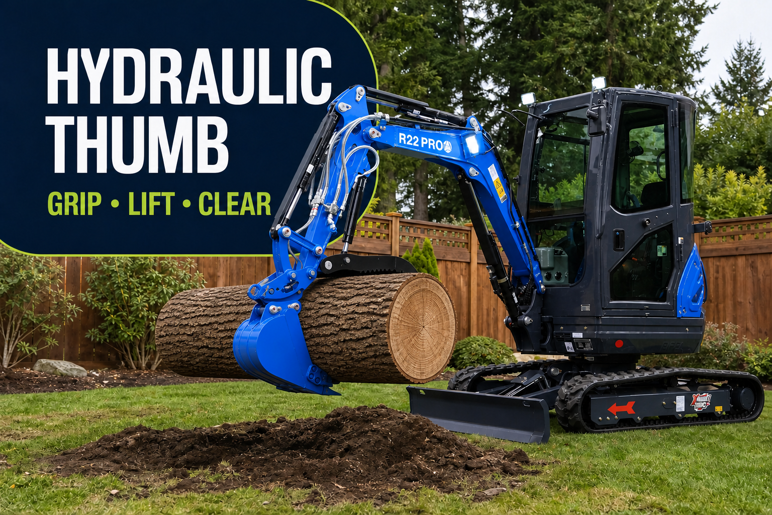 RIPPA R22-3 PRO hydraulic thumb gripping and lifting a log in a residential backyard