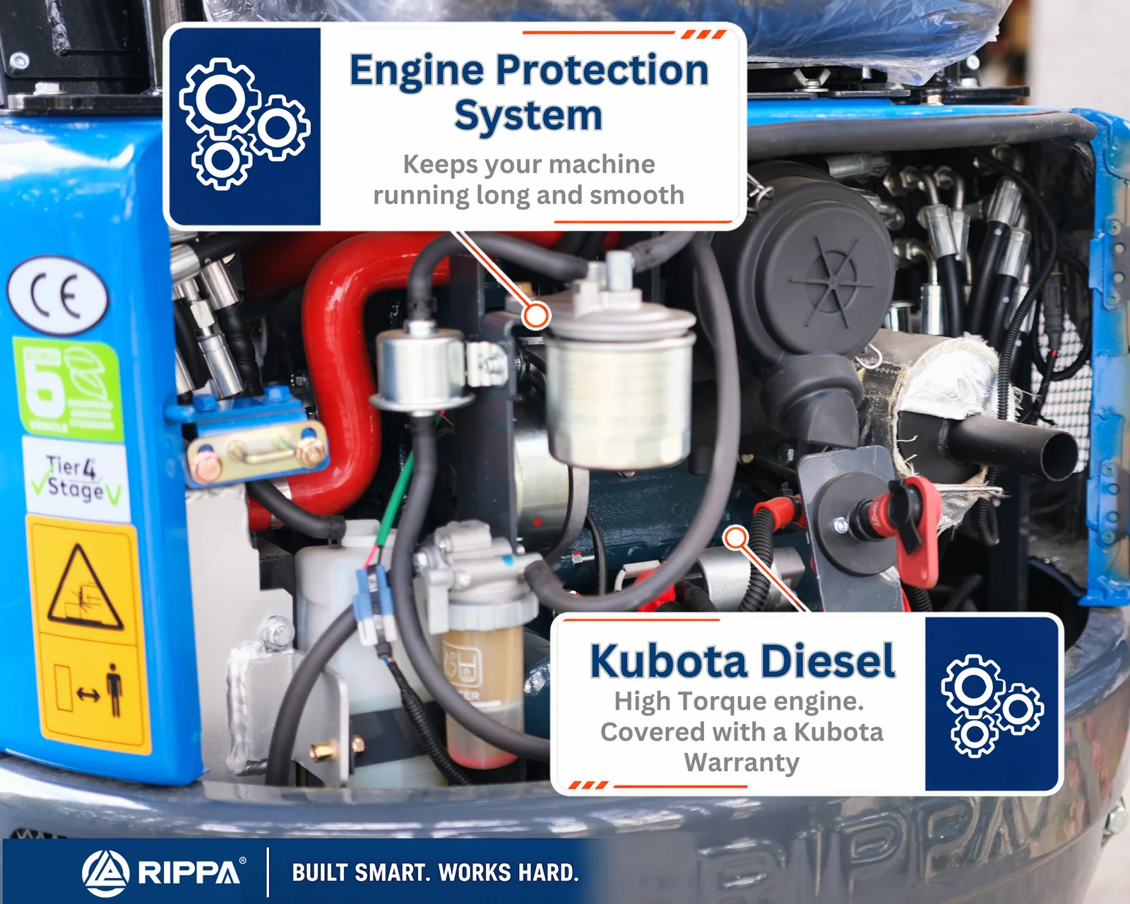 RIPPA R10 ECO Kubota Z482 diesel engine and engine protection system