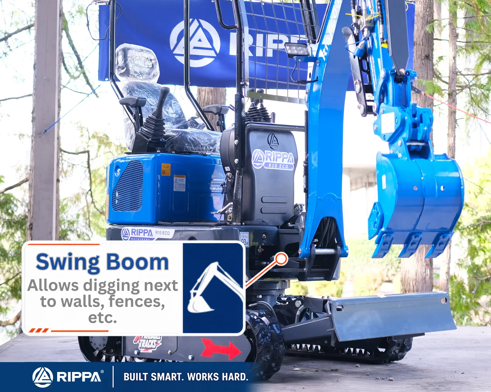 RIPPA R10 ECO swing boom working alongside walls and fences