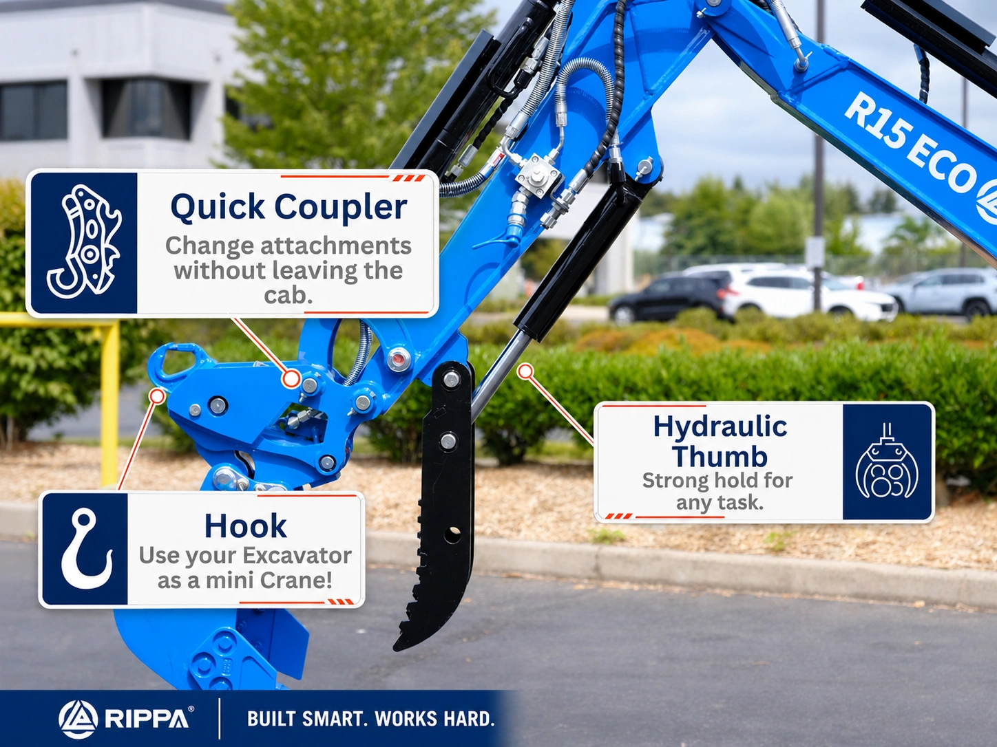Boom close-up of the RIPPA R15 ECO mini excavator showing quick coupler, hydraulic thumb, and lifting hook