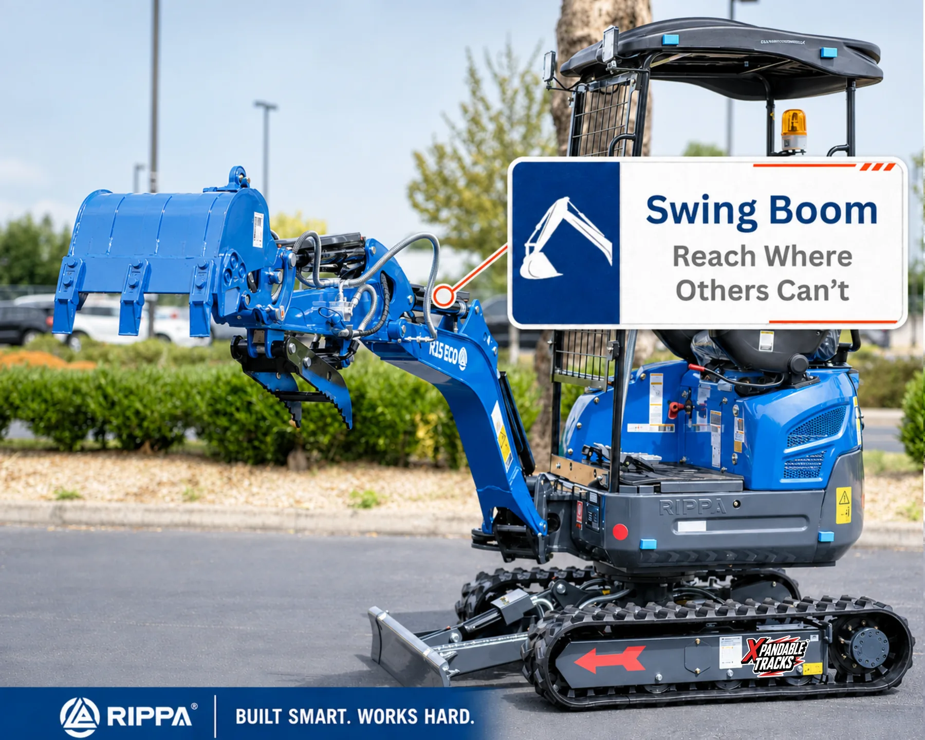 RIPPA R15 ECO mini excavator showing swing boom feature for improved reach and offset digging
