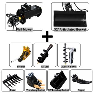 RIPPA R22 PRO mini excavator attachment bundle with flail mower, 32-inch articulated bucket, breaker, auger, drills, rake, trenching bucket, leveling bucket and ripper