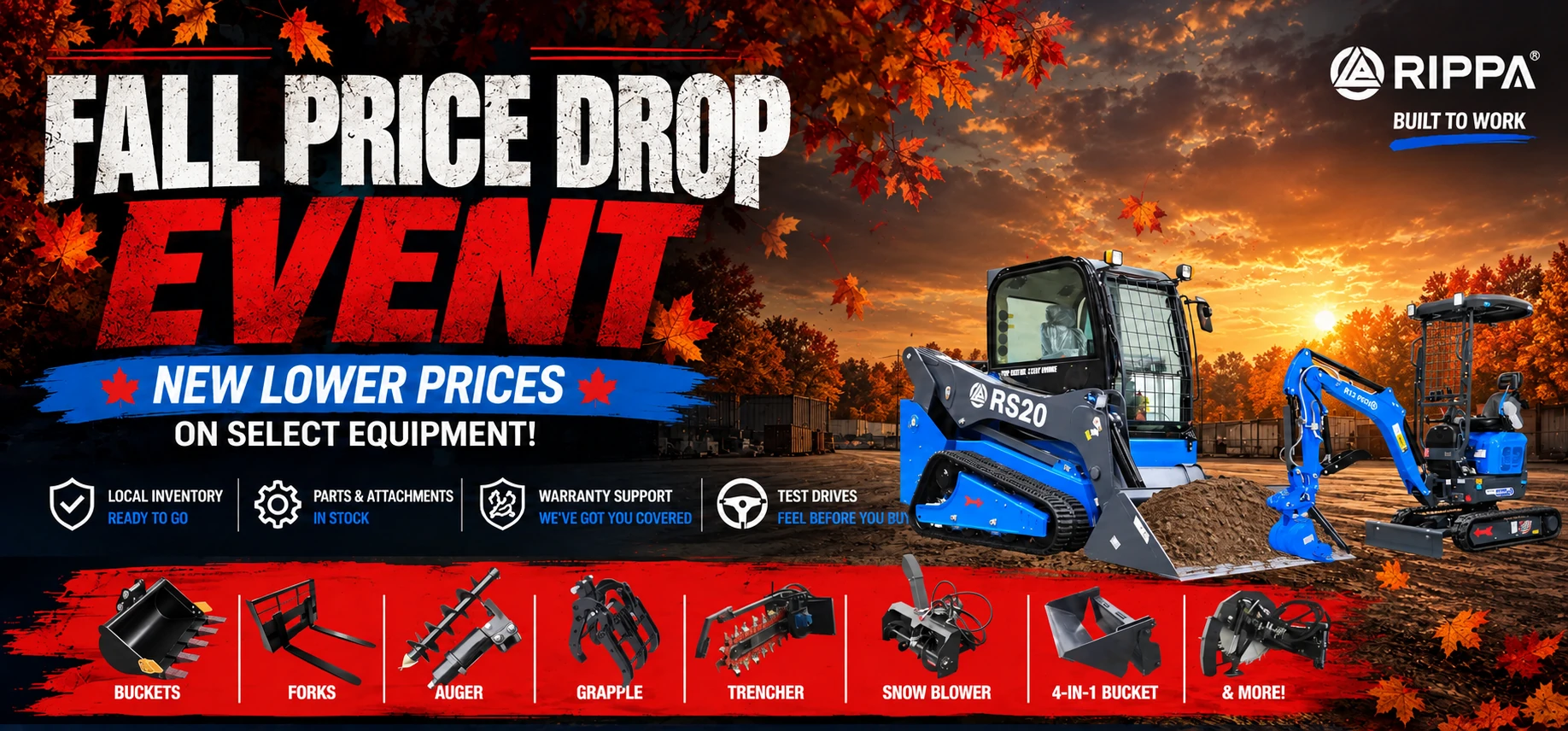 RIPPA Fall Price Drop Event featuring skid steers, mini excavators, buckets, forks, augers, grapples and attachments
