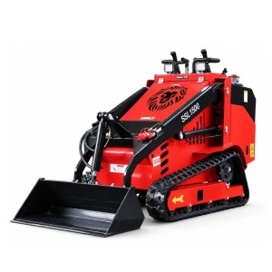 Red SSL1500 mini skid steer loader with rubber tracks and black bucket, front three-quarter view