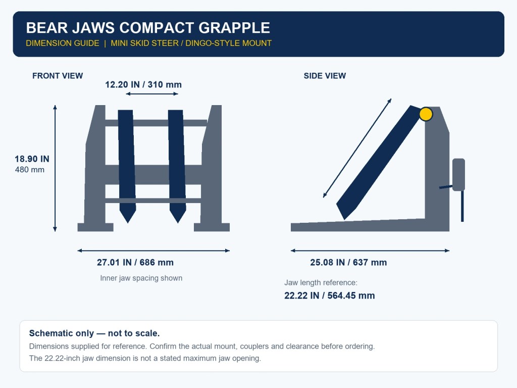 Original Bear Jaws grapple front and side dimension schematic showing width, depth, height and jaw reference dimensions
