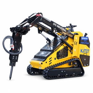 Yellow CFG KJT27 Perkins diesel mini skid steer with hydraulic hammer on a white background