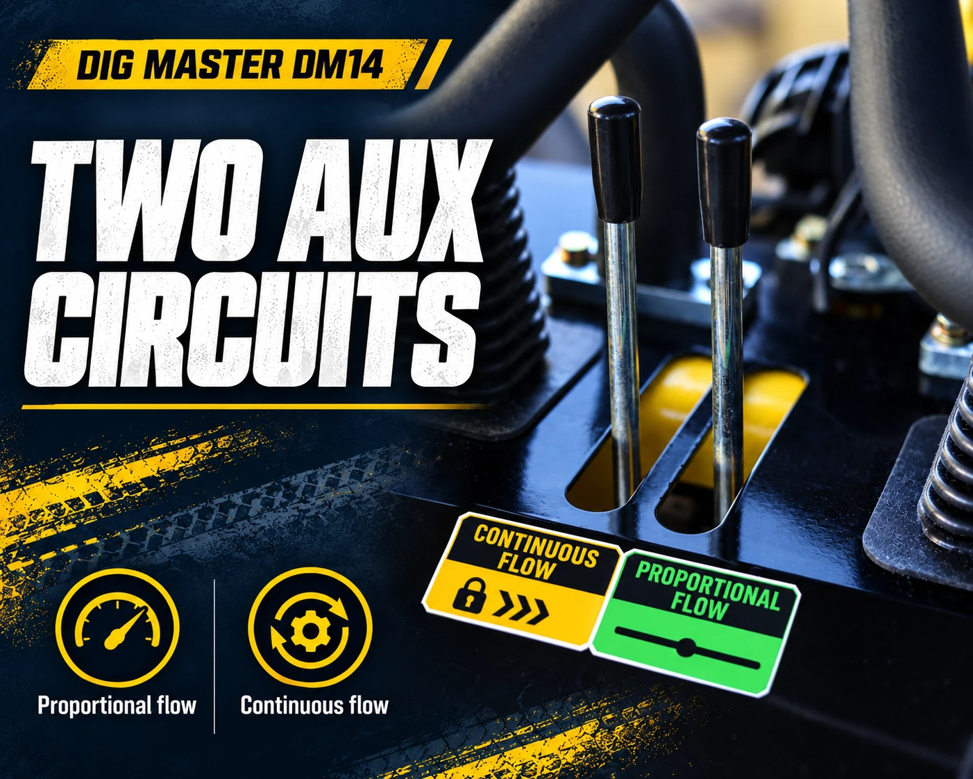 Dig Master DM14 two auxiliary hydraulic controls for proportional flow and continuous flow