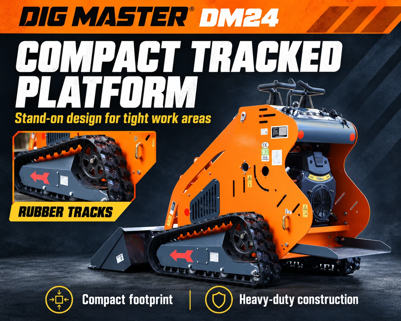 Dig Master DM24 rubber tracks and rear stand-on platform