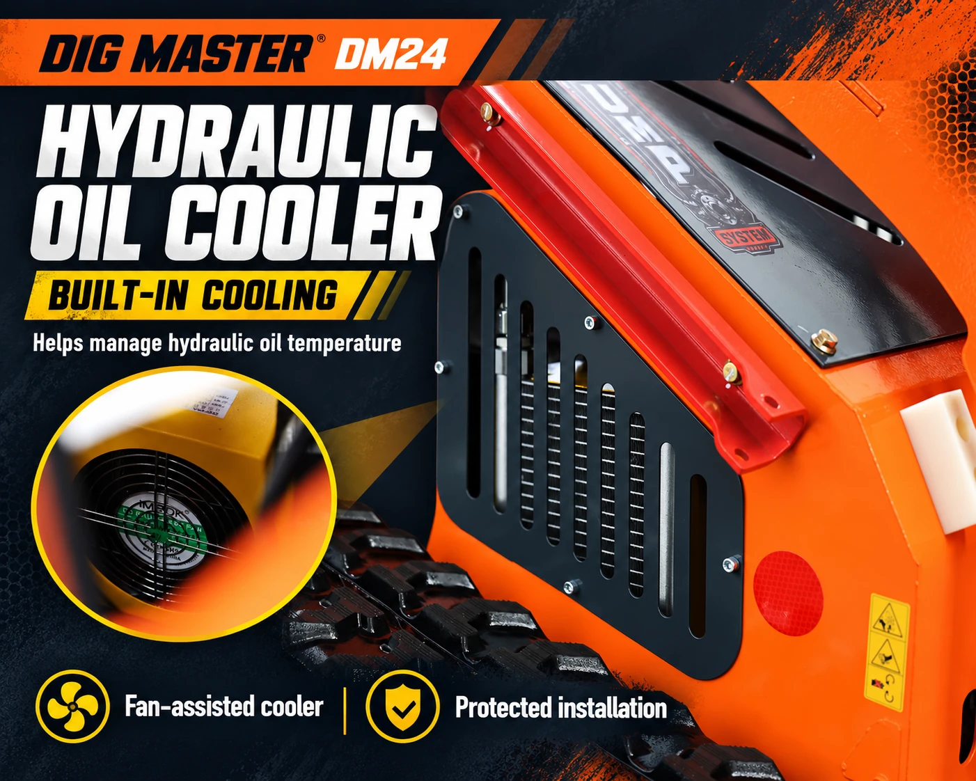 Dig Master DM24 hydraulic oil cooler grille and cooling fan