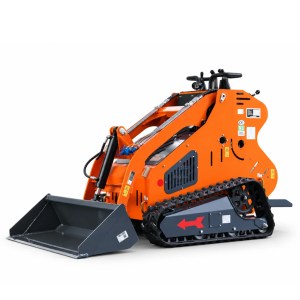 Orange Dig Master DM24 mini skid steer loader with rubber tracks and bucket, front three-quarter view