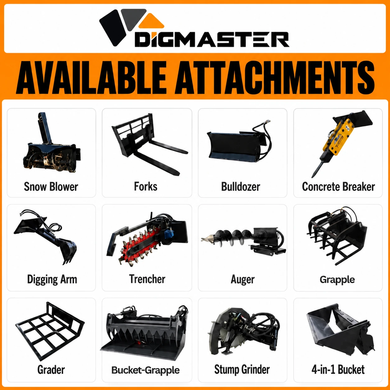 DIG MASTER mini skid steer attachment chart showing buckets, forks, auger, trencher, grapples and other attachments